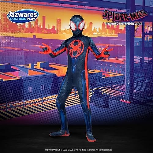 Marvel Miles Morales - Traje Oficial de Zentai Juvenil - Overol de Elastano Estampado y máscara de Elastano Desmontable con Ojos de plástico