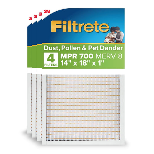 Filtrete Filtro de aire electrostático, 14 x 18 x 1, MPR 700, MERV 8, polvo vivo limpio, reducción de polen y caspa de mascotas, filtros de aire plisados para horno HVAC, 4 filtros