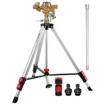Eden 94157 Pro - Trípode telescópico de Metal (5 Libras), aspersor de Impulso de latón con Juego de iniciación de conexión rápida Premium, riego de hasta 6.360 Metros Cuadrados Pies