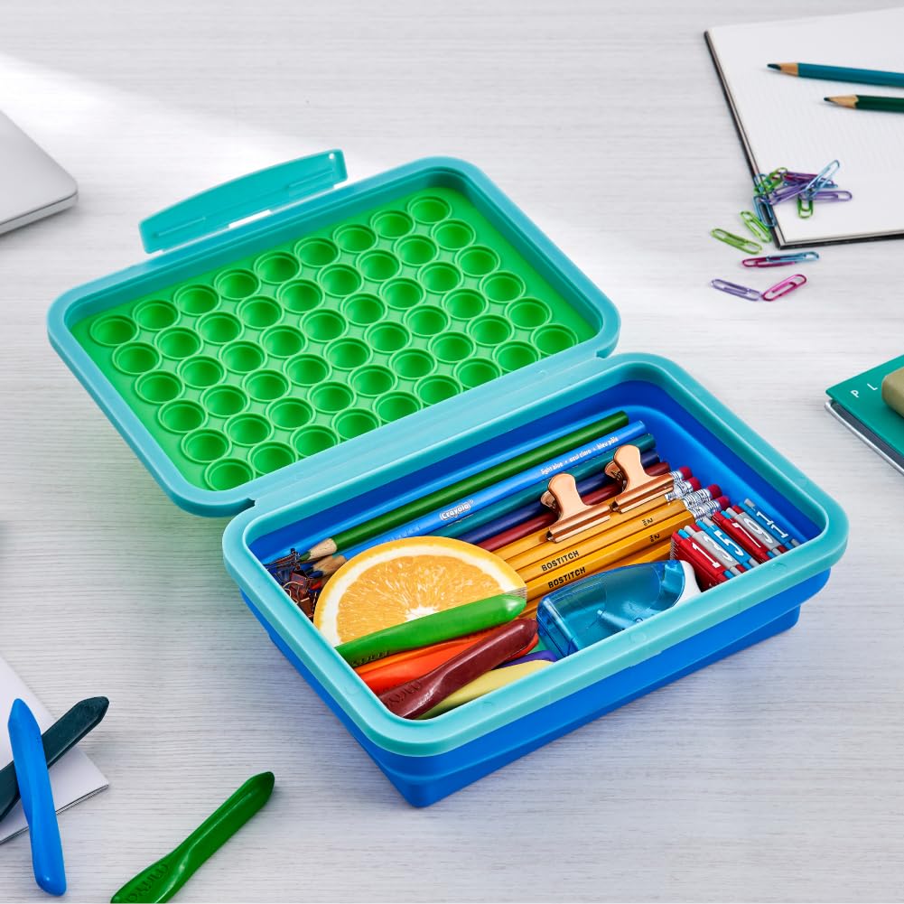 LockerMate by Bostitch - Caja de lápices expandible con estuche plegable para manualidades y suministros escolares, verde/azul