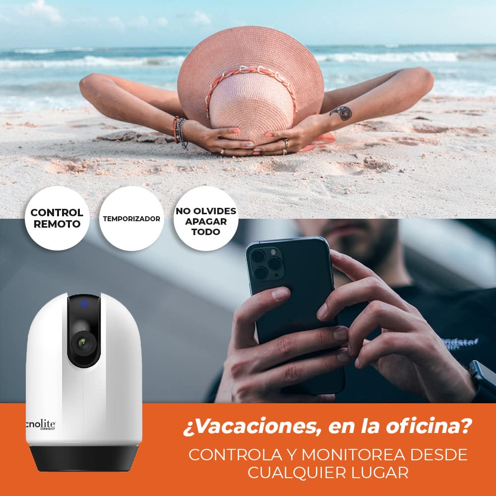 Tecnolite Connect - Cámara de Monitoreo 360° Inteligente WiFi Interiores, Altavoz y Micrófono, Visión Nocturna, Cámara fullHD Compatible con Alexa, Google Assistant, Atajos de Siri y App móvil