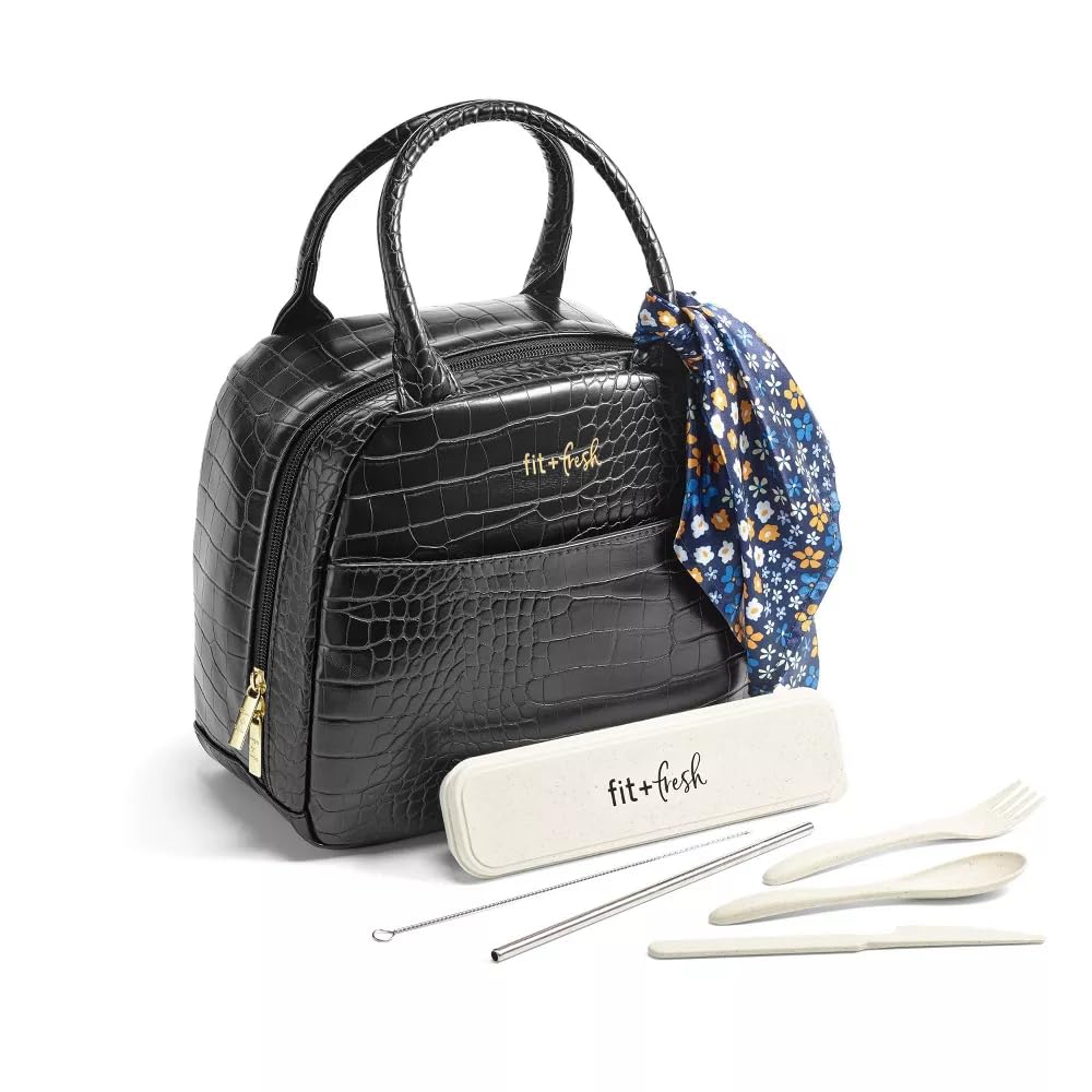Fit & Fresh Lyon - Bolsa de almuerzo moderna con utensilios de viaje para mujeres, bolsa de almuerzo aislada para el trabajo, a prueba de fugas y resistente a las manchas para mujeres, piel de