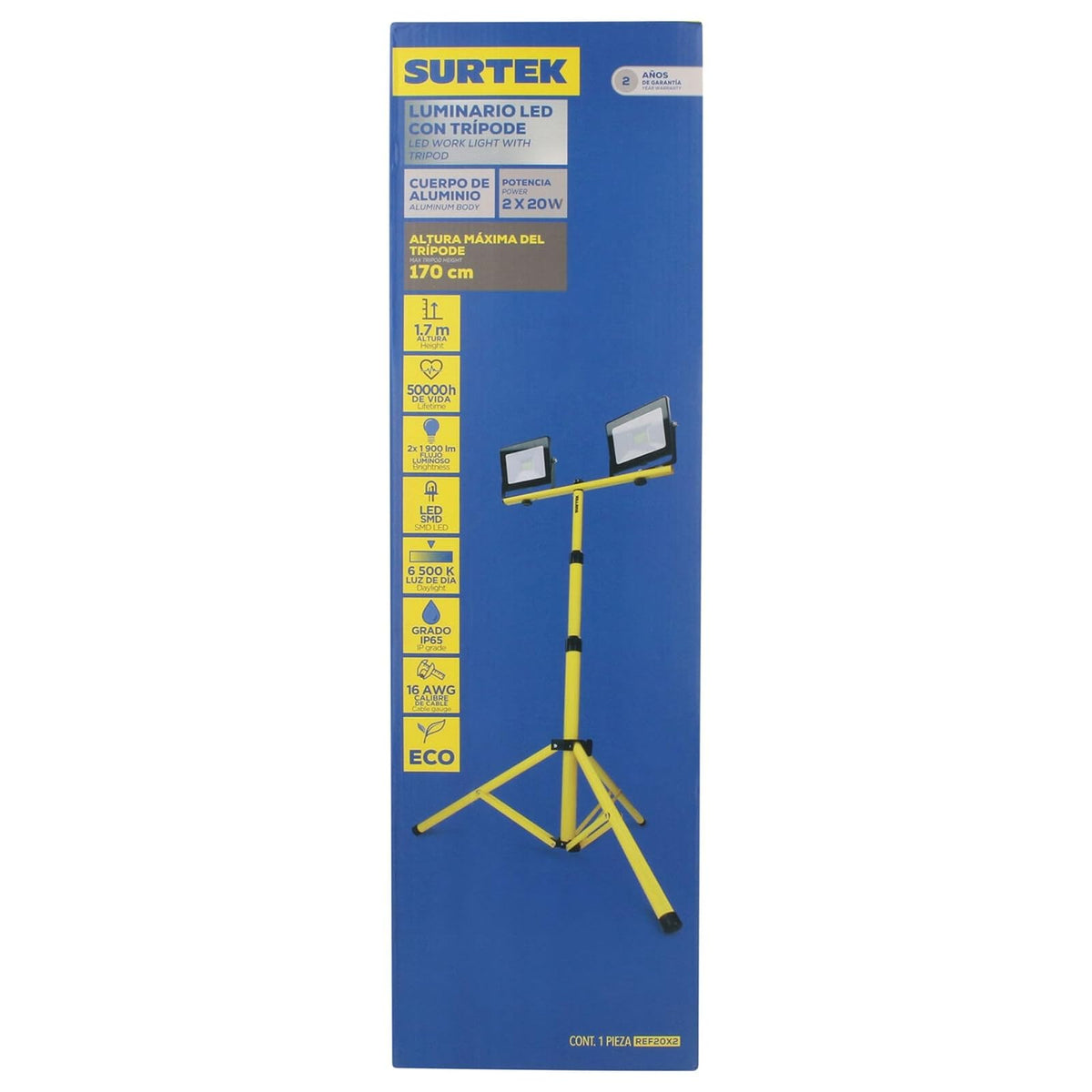 Surtek REF20X2 Reflector doble de LED SMD delgado con soporte telescópico 20 W de 1,900 lm