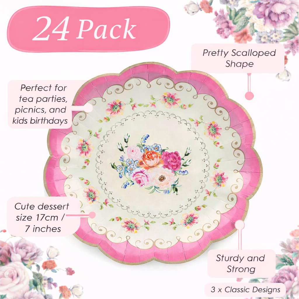 Talking Tables Platos de fiesta de té floral clásico | Paquete de 24 vajilla desechable de 7 pulgadas verdaderamente deliciosa para fiesta de cumpleaños, baby shower, boda, aniversario