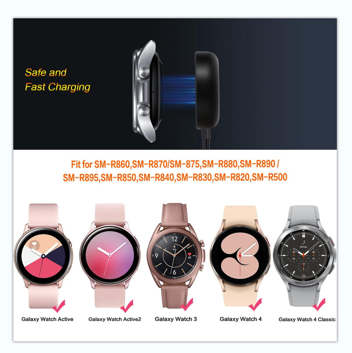 Trami - Paquete de 2 compatibles con Samsung Galaxy Watch 7/6/6 Classic/5/5 Pro/4/4 Classic/3/Active/Active Base de Carga inalámbrica, Cable de Carga USB de Repuesto para Classic/3/Active/Active