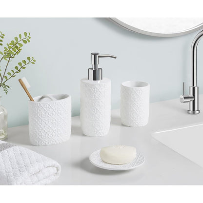 MARTHA STEWART - Juego de Accesorios de baño de cerámica, Organizador de Almacenamiento para decoración de Cambiador, medallón de Damasco en Relieve, dispensador de loción/jabón, Soporte para Cepillo