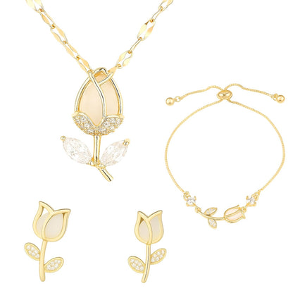XYPHIELLE Juego de 3 Piezas de Tulipán para Mujer: Collar con Dije, Pulsera y Aretes Bañado en Oro - Joyería Elegante Versátil