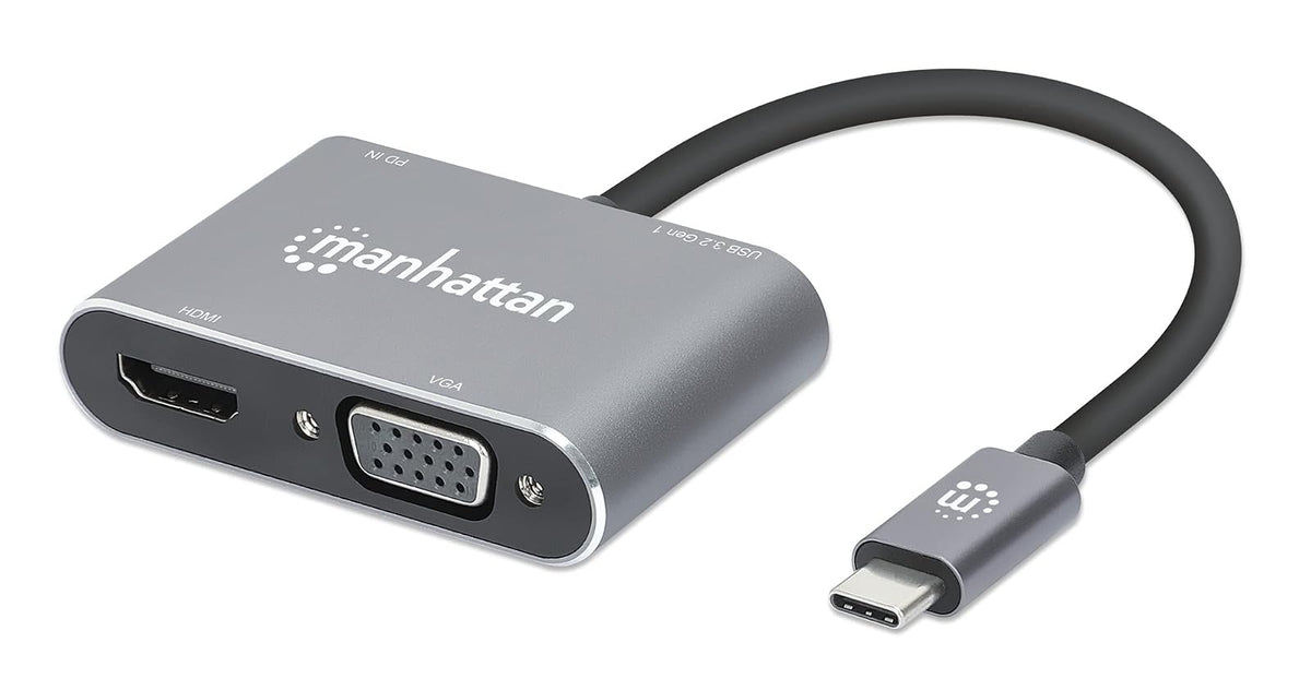 Adaptador USB C a HDMI 4K y VGA, Docking Station 4 en 1 con Puerto USB 3.0 y Carga PD 87W para MacBook Pro, Air, iPad, Laptop y Surface, Doble Salida de Video, Gris Espacial, Manhattan 130691
