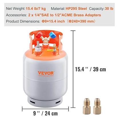 VEVOR - Tanque de recuperación de refrigerante con Interruptor de Flotador, 30 Libras. Capacidad AC - Tanque de recuperación con Adaptador de ¼ a ½, Tanque de recuperación Reutilizable HVAC para Todo