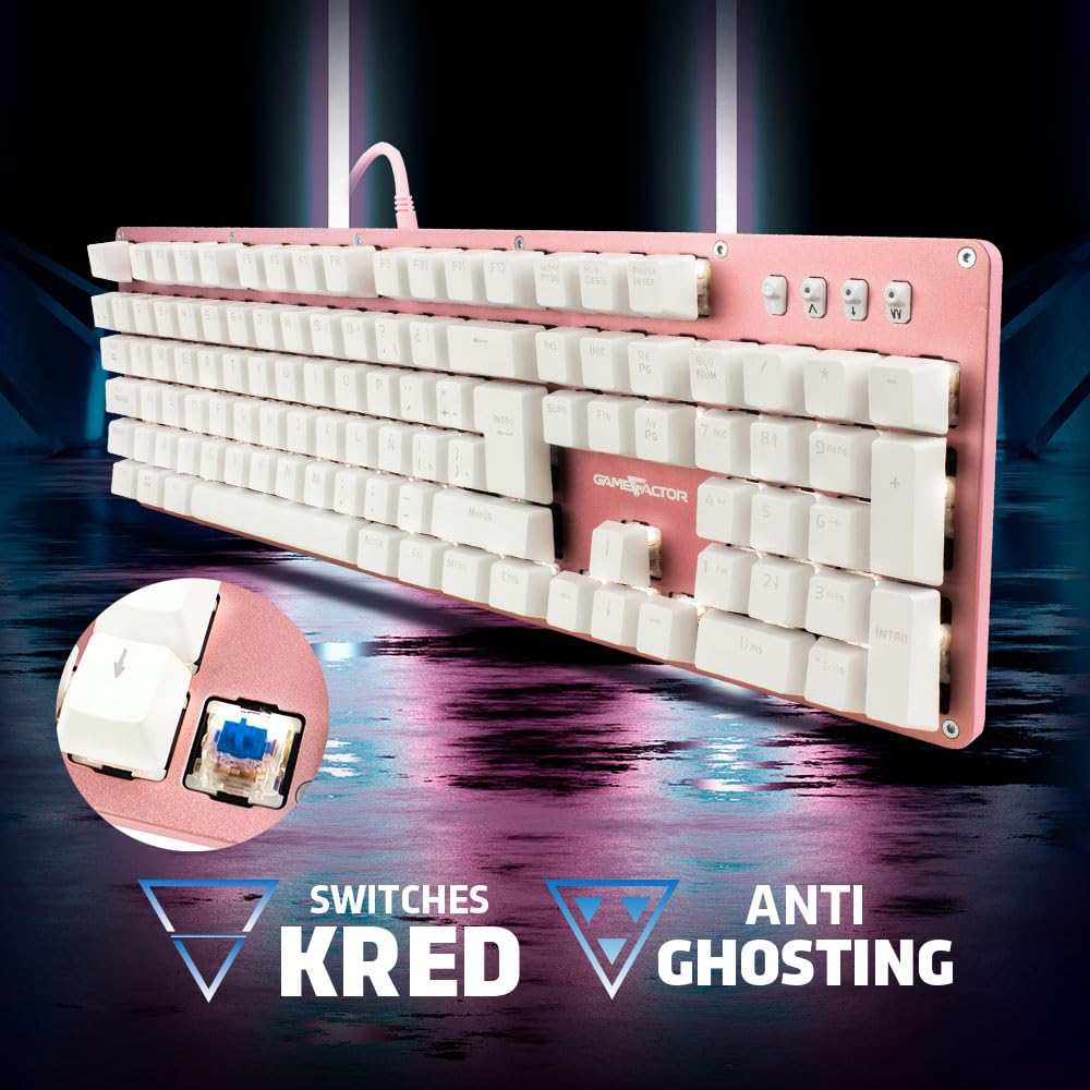 Game Factor KBG400-PK-BL Teclado Mecánico Gamer Rosa con Retroiluminación Blanca Estructura Metálica Antighosting Switch Blue