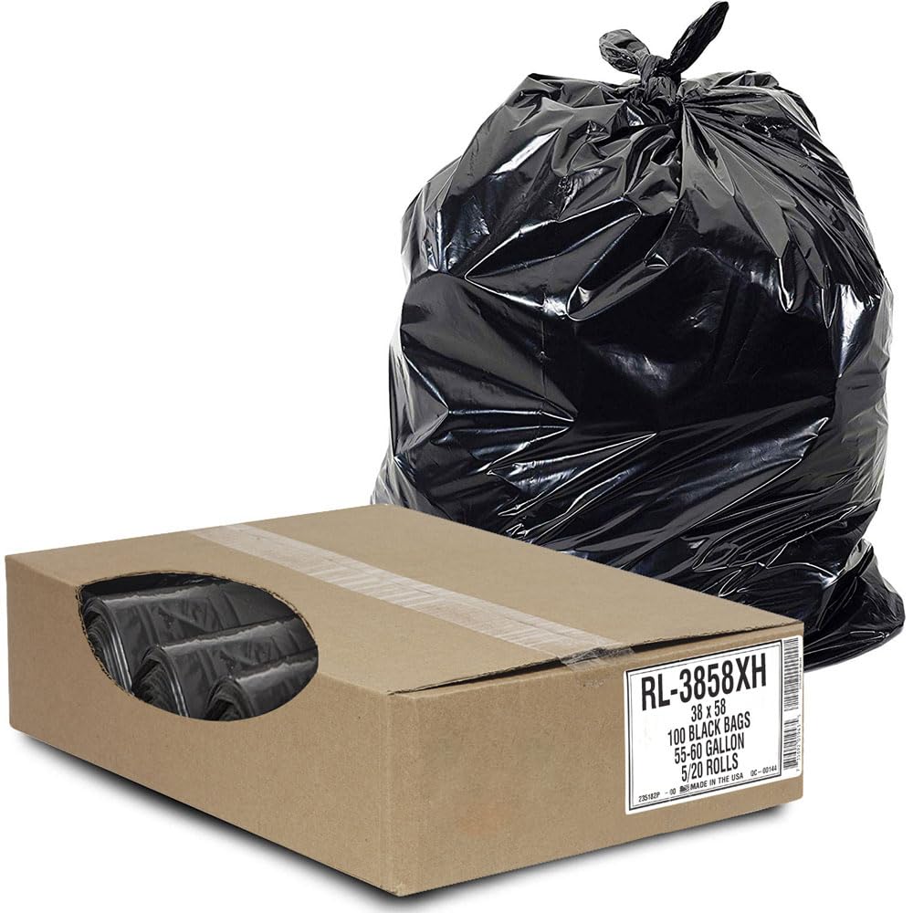 Aluf Plastics - RL-3858XH 55 Gallon Trash Can Liners (100 Count) - 38" x 58" - Thick 1.5 MIL Equivalent Black Trash Bags for Bathroom, Kitchen, Office, Industrial, Commercial, Recycling and More