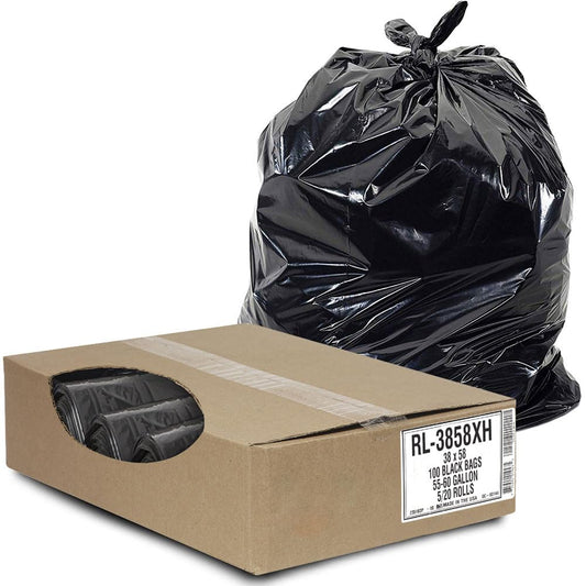 Aluf Plastics - RL-3858XH 55 Gallon Trash Can Liners (100 Count) - 38" x 58" - Thick 1.5 MIL Equivalent Black Trash Bags for Bathroom, Kitchen, Office, Industrial, Commercial, Recycling and More