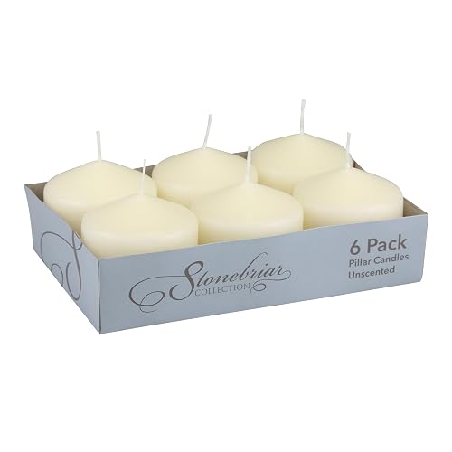 Stonebriar - Vela de Pilar, Paquete de 6, 3x3 Pulgadas, 18 Horas, Sin Perfume, Cera de Marfil