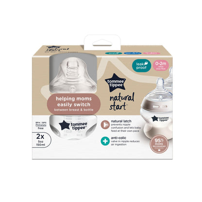 Tommee Tippee Biberones Anticólicos Natural Start, 0m+, 150ml/5oz | Paquete de 2, Tetina Flujo Lento Tipo Pecho, Autoesterilizable, Fácil Transición Pecho-Mamila, Libre de BPA