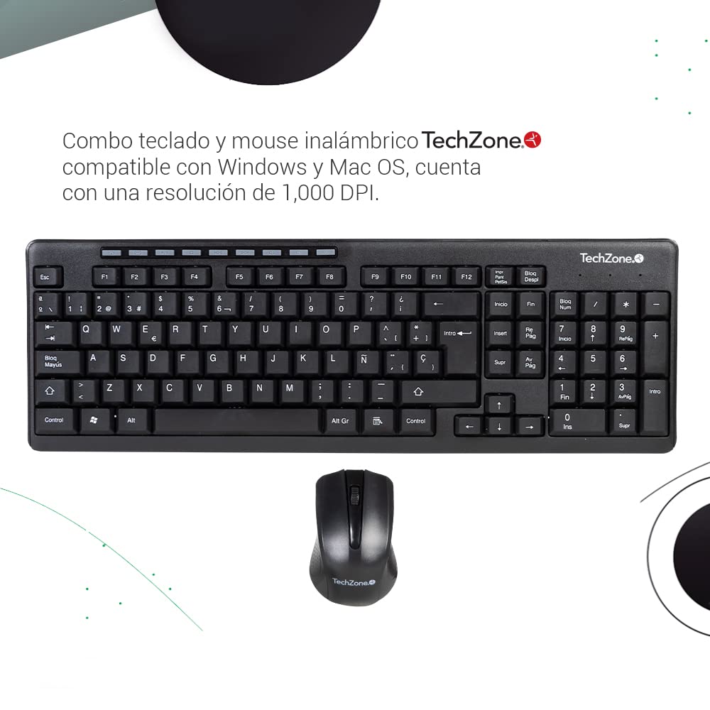 TECHZONE Kit Mouse y Teclado Inalámbrico Color Negro con Teclas de Navegación de Fácil Acceso, Resistentes al Desgaste. Mouse con Precisión de Movimiento, hasta 10 MTS de Alcance. Incluye Baterías.