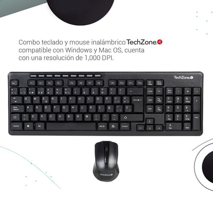 TECHZONE Kit Mouse y Teclado Inalámbrico Color Negro con Teclas de Navegación de Fácil Acceso, Resistentes al Desgaste. Mouse con Precisión de Movimiento, hasta 10 MTS de Alcance. Incluye Baterías.