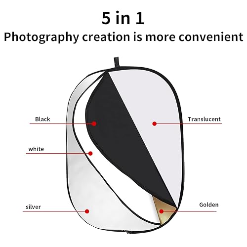 GODOX Reflector de luz Plegable de fotografía de 80 x 120 cm, difusor Ovalado 5 en 1 con Bolsa de Transporte, Dorado, Plateado, Negro, Blanco, translúcido para iluminación de Video Estudio al Aire