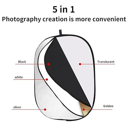 GODOX Reflector de luz Plegable de fotografía de 80 x 120 cm, difusor Ovalado 5 en 1 con Bolsa de Transporte, Dorado, Plateado, Negro, Blanco, translúcido para iluminación de Video Estudio al Aire