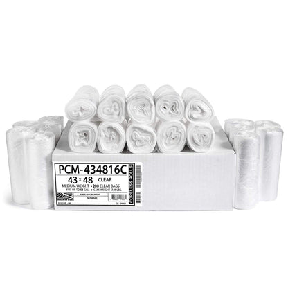 Aluf Plastics Bolsas de basura transparentes de 56 galones (200 unidades) – 43 x 48 pulgadas – PCM SERIES Premium de alta densidad 16 micras equivalentes a bolsas de basura para baño, oficina, industrial, comercial, conserjería
