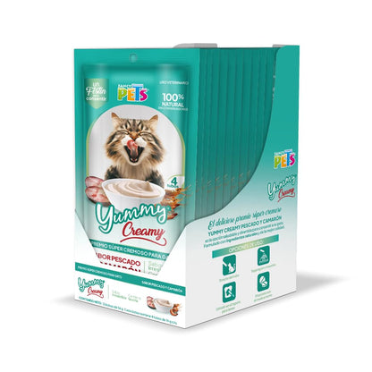 Premio cremoso lamible Fancy Pets Yummy Creamy para gato, surtido atún y salmón - Pescado y Camaron - 48 TUBOS