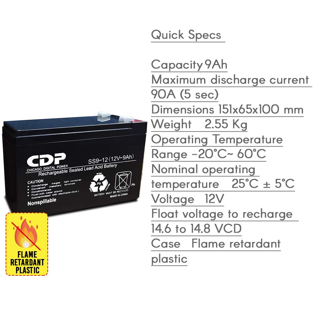 CDP Batería sellada de plomo ácido 12 V 9 Amp AH reemplazo recargable.