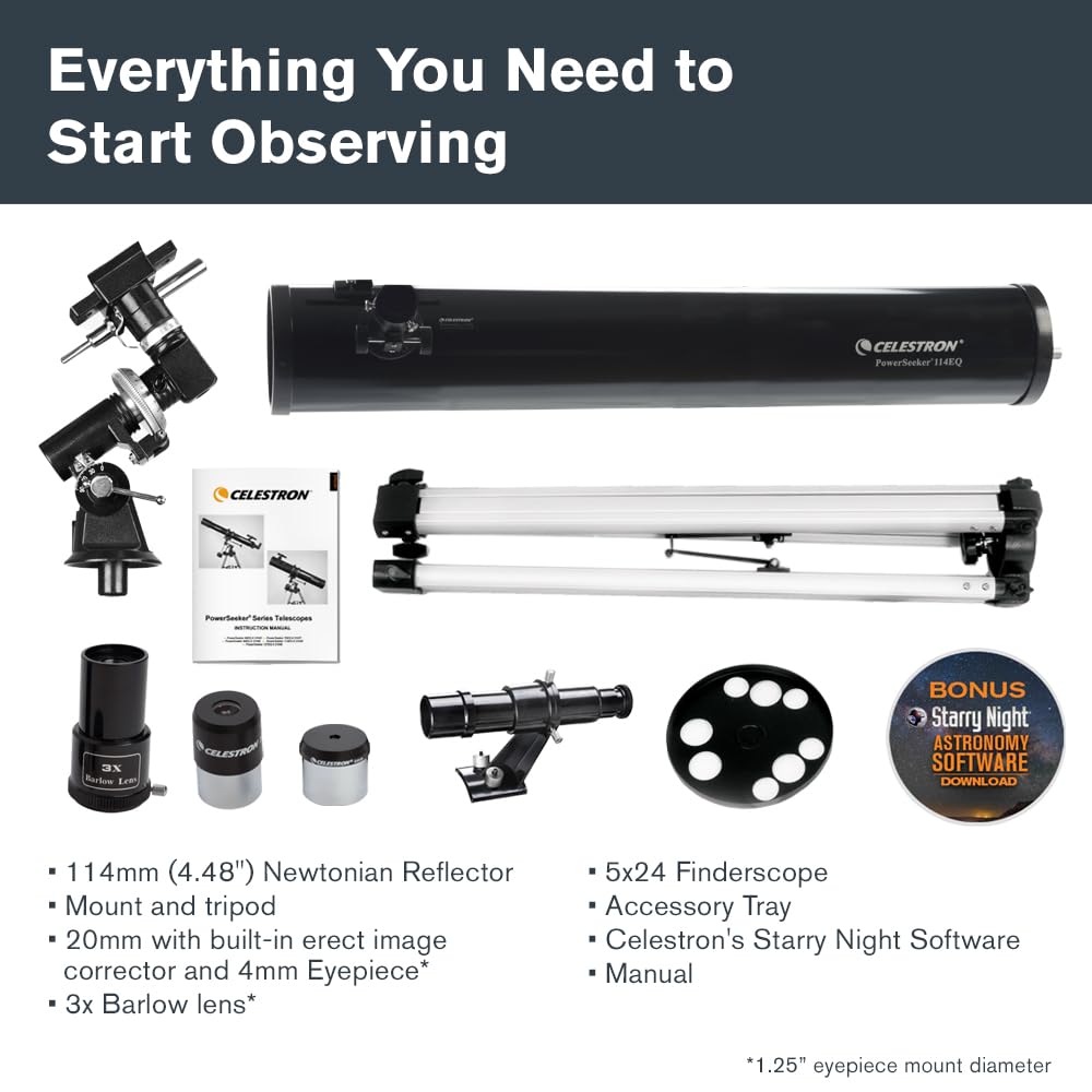 Celestron - PowerSeeker 114EQ Telescope - Manual German Equatorial Telescope for Beginners - Compact and Portable - Bonus Astronomy Software Package - 114mm Aperture