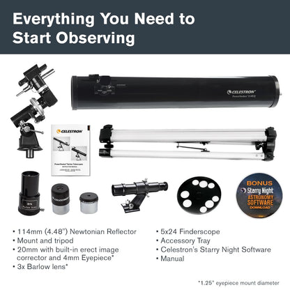 Celestron - PowerSeeker 114EQ Telescope - Manual German Equatorial Telescope for Beginners - Compact and Portable - Bonus Astronomy Software Package - 114mm Aperture