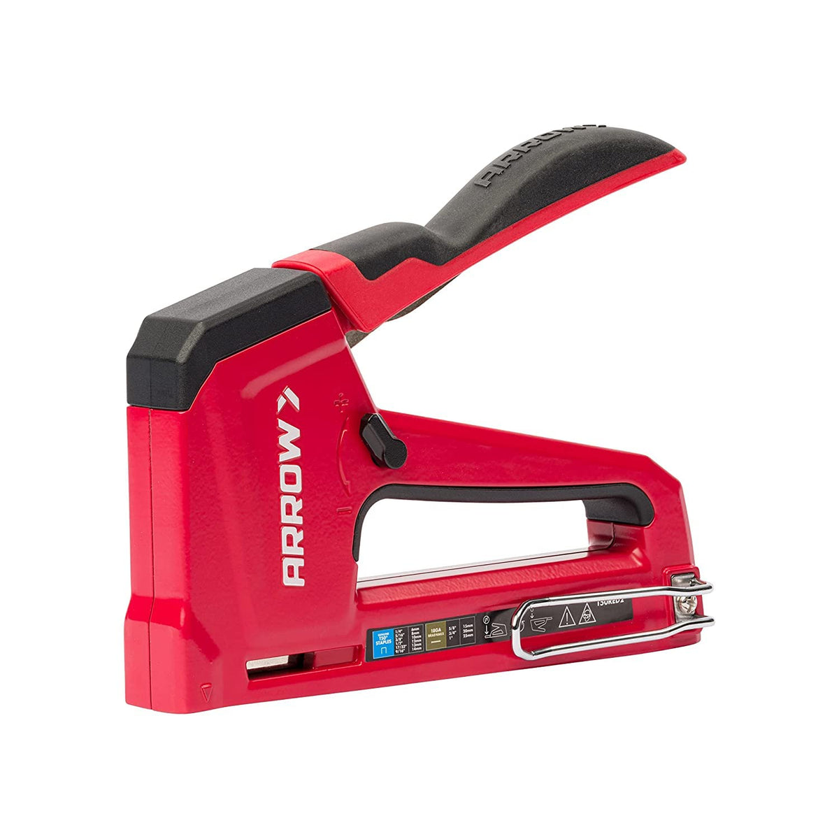 Arrow T50RED2 - Pistola de grapas manual de alta resistencia 2 en 1 y clavadora para tapicería, enmarcado, aislamiento, manualidades y muebles, rojo