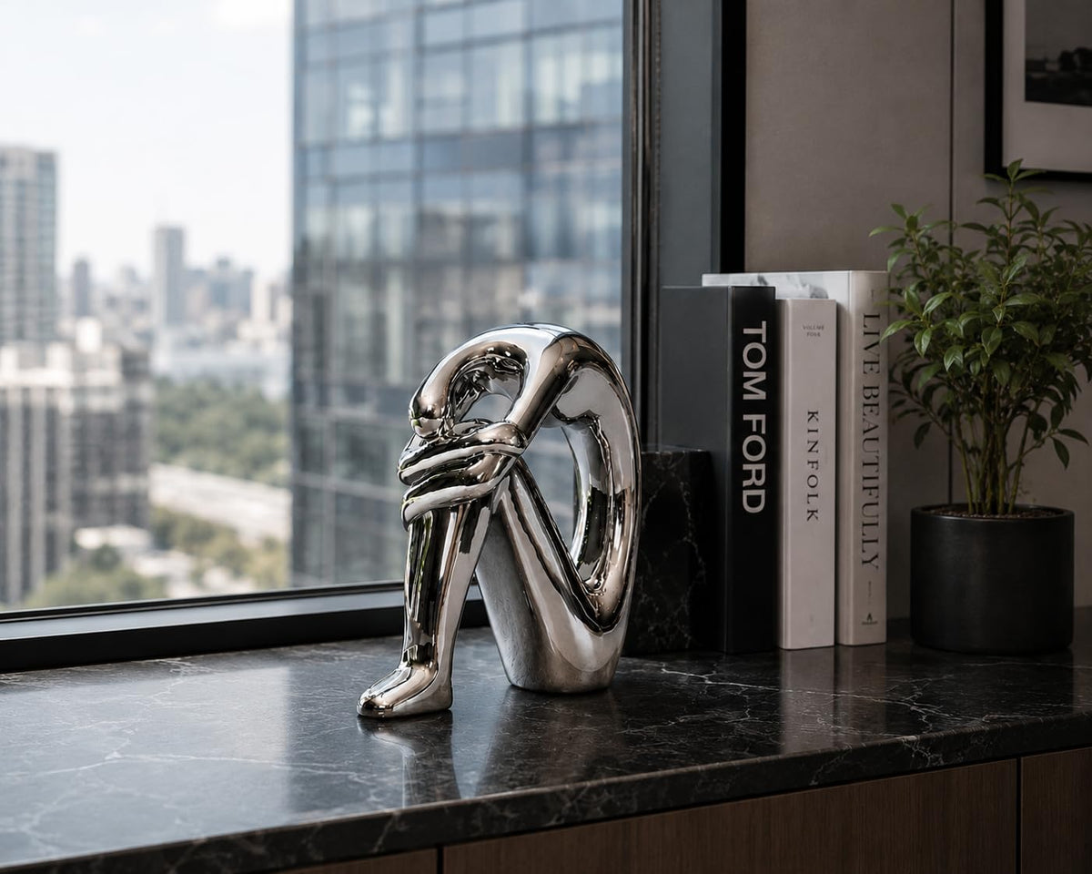 Le Bonne Table Figura Decorativa Bend, Cerámica, Plateado, 1 Pieza
