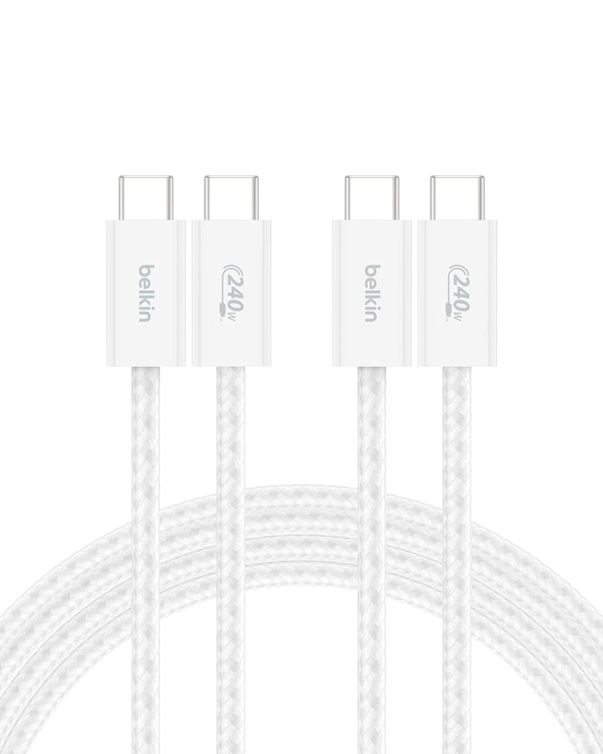 Belkin Cable USB-C a USB-C 240W Carga Rápida Trenzado - Blanco - 6.5 pies - Paquete de 2