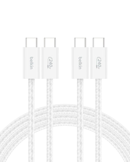 Belkin Cable USB-C a USB-C 240W Carga Rápida Trenzado - Blanco - 6.5 pies - Paquete de 2