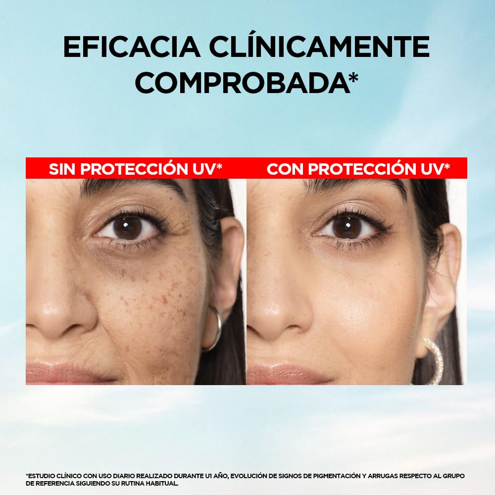 L'Oréal Paris Protector solar facial FPS50+ UV Defender Fluido Invisible Tono Claro, 40ml - Protección solar facial ultra ligero, -50% manchas y -30% arrugas debidas al sol, con Ácido Hialurónico