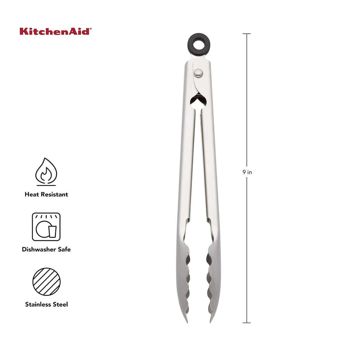 KitchenAid Gourmet - Pinzas para servir de acero inoxidable con gancho para colgar y cierre seguro, 9 pulgadas, acero inoxidable