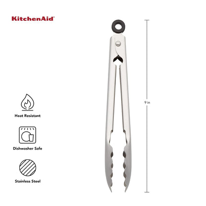 KitchenAid Gourmet - Pinzas para servir de acero inoxidable con gancho para colgar y cierre seguro, 9 pulgadas, acero inoxidable