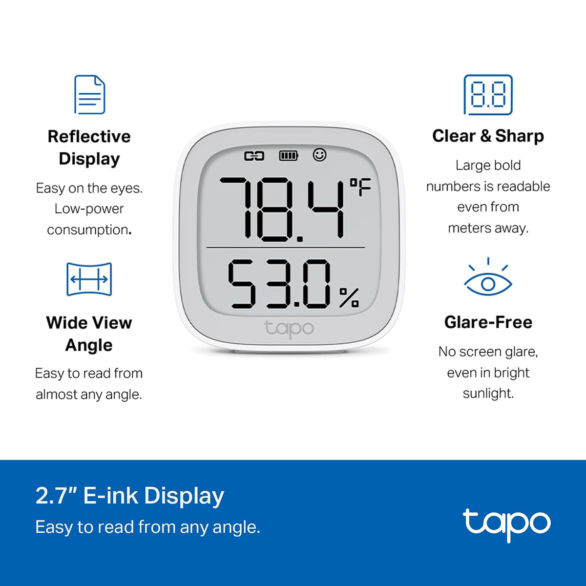 TP-Link Tapo T315 Sensor de temperatura y humedad con pantalla E-Ink de 2.7″, almacenamiento gratuito de datos en la nube para grabar hasta 2 años, compatible con Alexa (Requiere Hub)