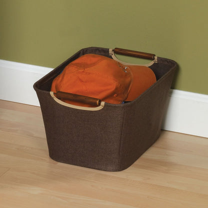 Household Essentials Small Tapered Storage Bin with Wood Handles, Coffee Linen