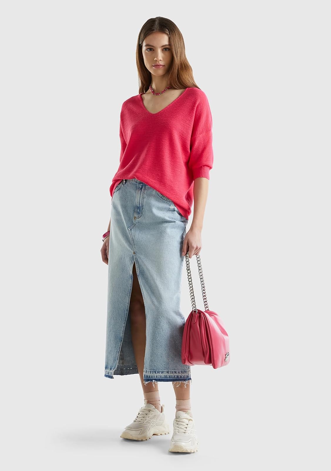 United Colors of Benetton Blusa de Punto, Escote V, Manga 3/4 Hombro caído, Corte Regular 70% algodón y 30% Lino para Mujer