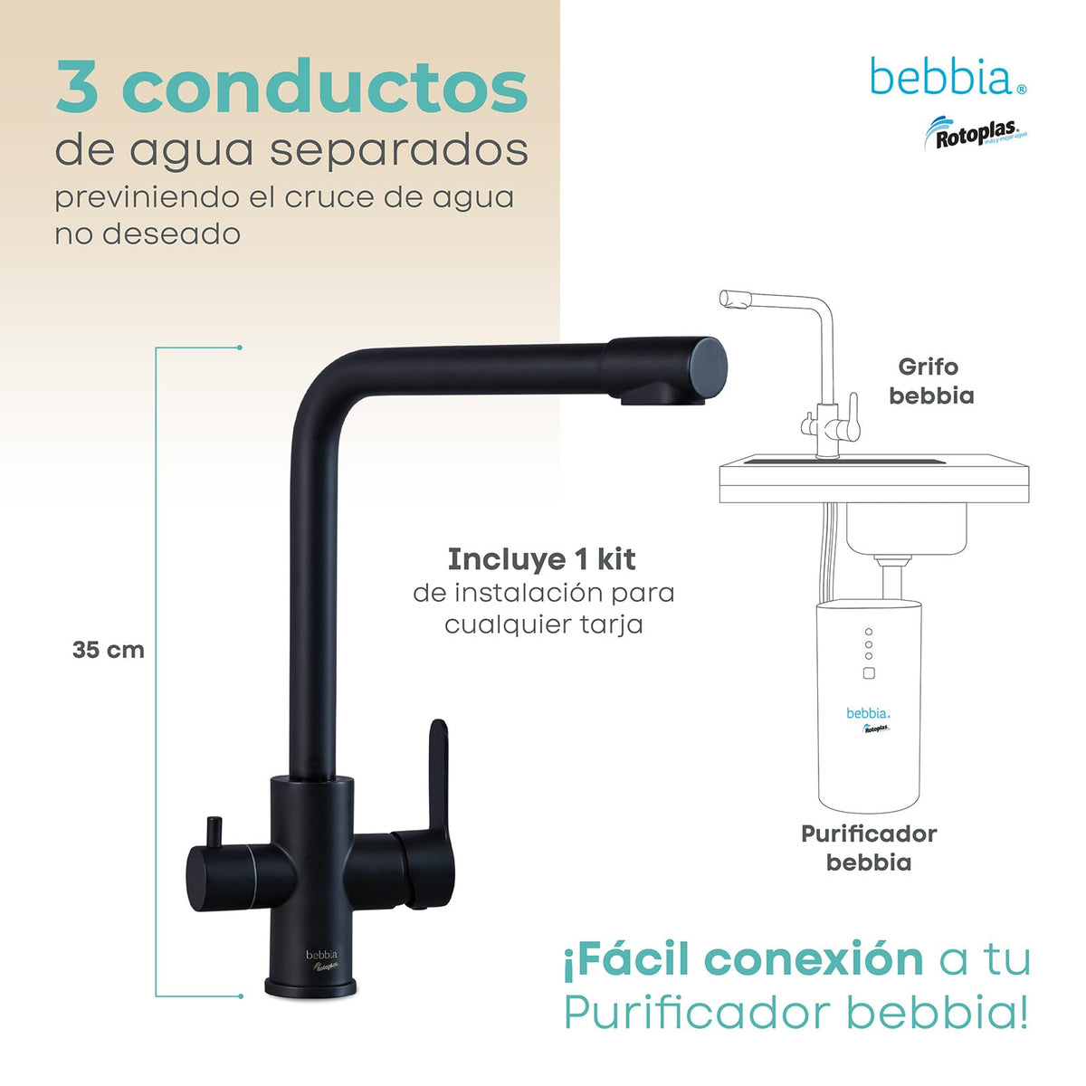 ROTOPLAS BEBBIA GRIFO PARA COCINA BEBBIA 3 VÍAS PARA AGUA PURIFICADA (NEGRO MATE RECTO)