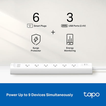 Tapo P316M - Tira de alimentación inteligente Wi-Fi, 6 tomas inteligentes controladas individualmente y 3 puertos USB con protección contra sobretensiones, materia, funciona con Alexa, Google Home