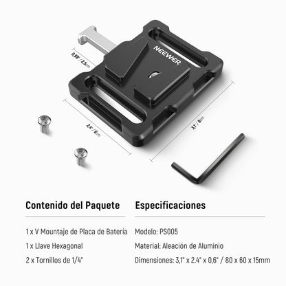 NEEWER Mini Placa de Batería con Montaje en V con Abrazadera Súper Cangrejo y Bloqueo QR para Trípode de Luz C Soporte Gimbal Columna y Varilla de 15mm,Compatible con FXLION Sony Batería,PS005