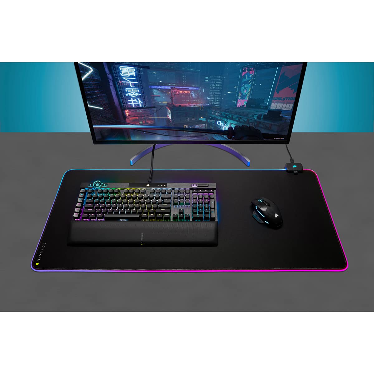 Corsair MM700 RGB Alfombrilla de Ratón para Juegos de Tela Extendida - 930mm x 400mm - Iluminación RGB de 360° - Concentrador con Dos Puertos USB - Goma Gruesa - Negro