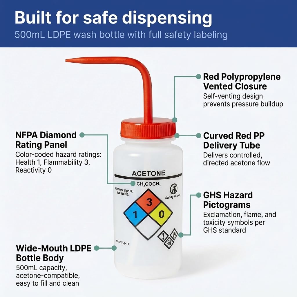 United Scientific™ UniSafe™ - Botella de lavado para acetona, 500 ml, etiquetada con información química y seguridad codificada por colores (4 colores) - Boca ancha, autoventilación, polietileno de