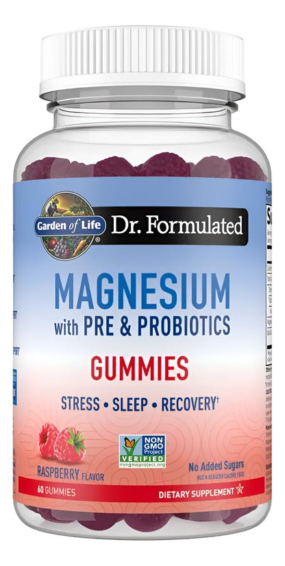 Garden of Life Gomitas de Magnesio con delicios sabor Frambuesa con soporte para el Estrés, adicionadas con Prebióticos y Probióticos para Dormir y Recuperse, 60 gomitas