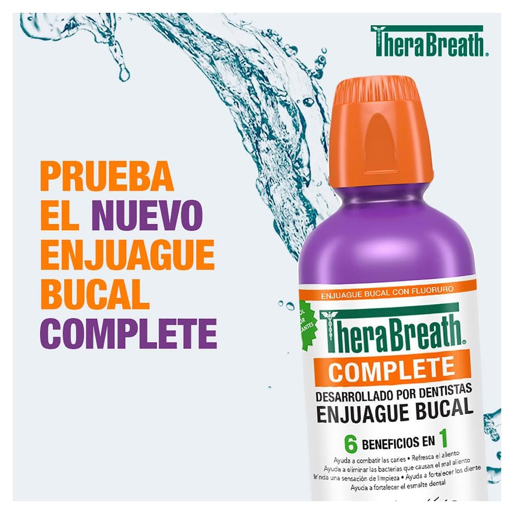 TheraBreath Enjuague Bucal Complete 6 en 1, Menta Revitalizante 473 ml. | Ayuda a Combatir las Caries y el Mal Aliento, Fortalecer los Dientes y el Esmalte. Sin Ardor ni Colorantes. Sin alcohol.