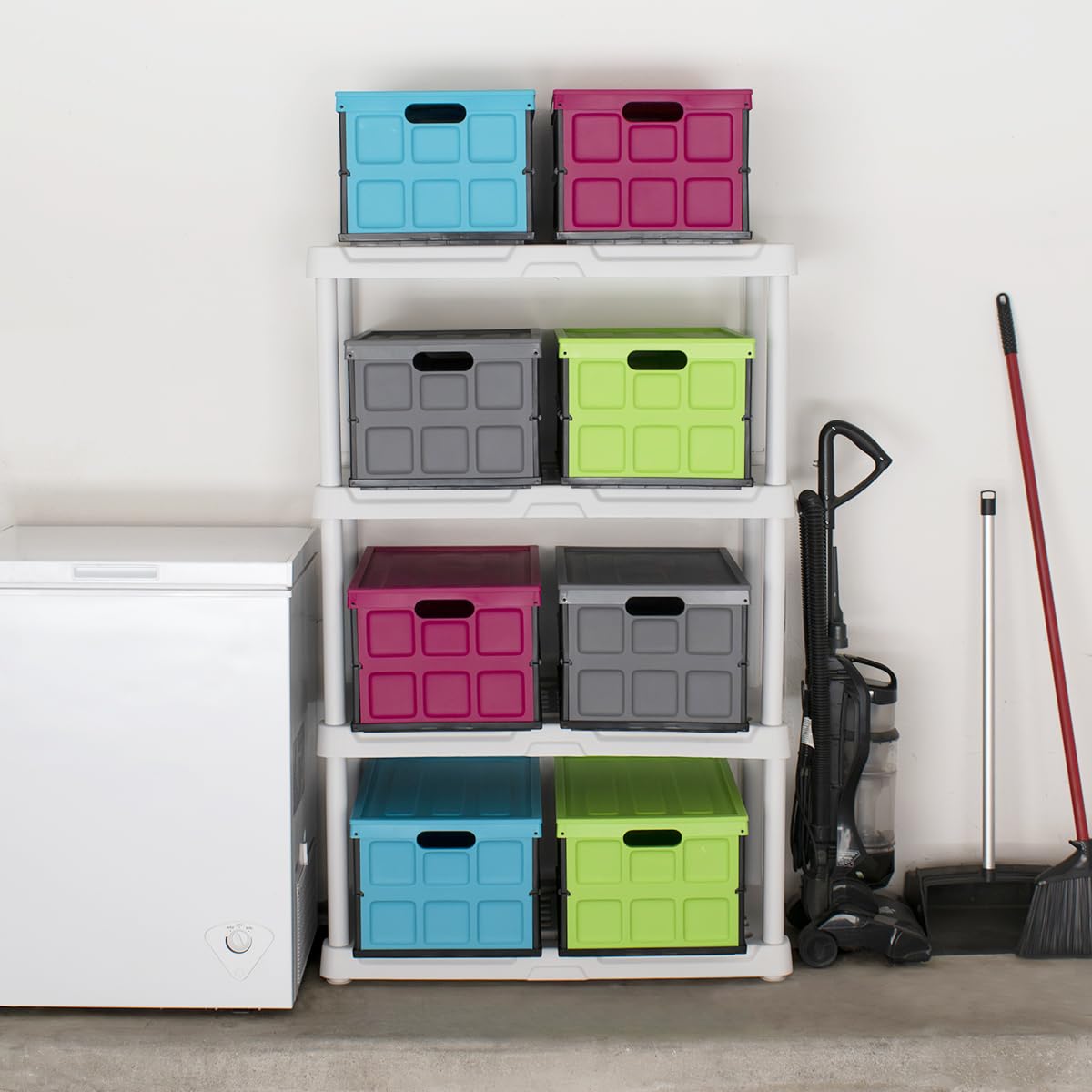Glad - Contenedor plegable de almacenamiento con tapa, caja de plástico plegable de 48 litros para cochera, maletero y organización, contenedor apilable con tapa con asas, color turquesa