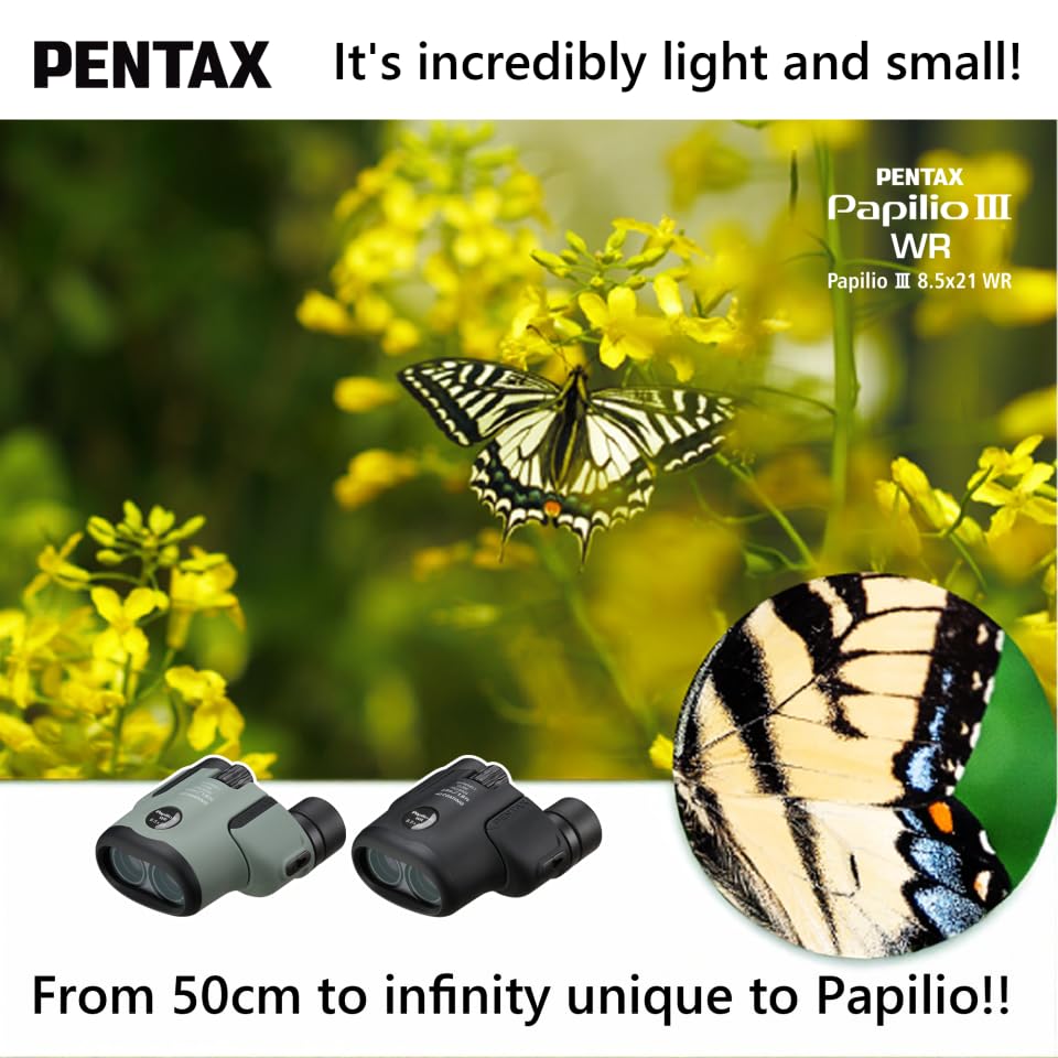 PENTAX Papilio III 8,5 x 21 WR Negro, 50 cm de Primer Plano a Infinity Focus, Cuerpo Resistente a la Intemperie, Nuevo Revestimiento HD, Adecuado para observar Objetos pequeños, para Viajes
