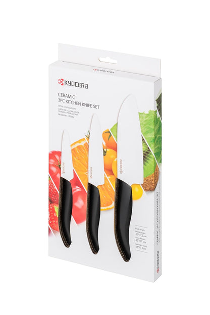 Kyocera FK-3PC-BKBK Juego de cuchillos de cerámica avanzada, 13.97 cm, 11.43 cm, 7.62 cm, mango negro con hoja negra, Negro/Blanco, Blade Sizes: 5.5", 4.5", 3", 1