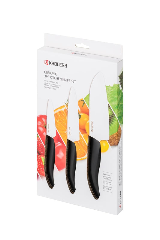 Kyocera FK-3PC-BKBK Juego de cuchillos de cerámica avanzada, 13.97 cm, 11.43 cm, 7.62 cm, mango negro con hoja negra, Negro/Blanco, Blade Sizes: 5.5", 4.5", 3", 1
