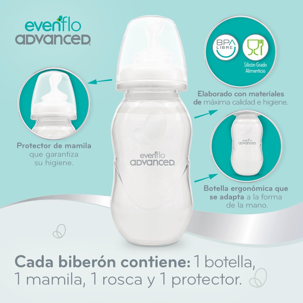 Evenflo Advanced Set Avanzado de 6 Biberones Ortodónticos con Escobillón, Silicón Grado Alimenticio, Libre de BPA, Cuello Angosto, Sistema Triple de Ventilación, para Bebés 0-3 Meses