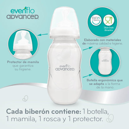 Evenflo Advanced Set Avanzado de 6 Biberones Ortodónticos con Escobillón, Silicón Grado Alimenticio, Libre de BPA, Cuello Angosto, Sistema Triple de Ventilación, para Bebés 0-3 Meses